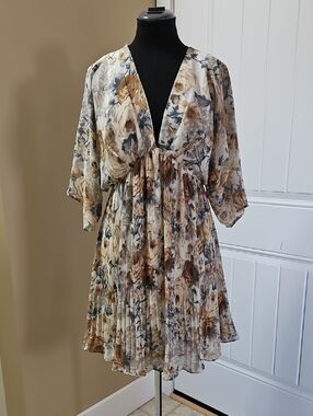 French Kiss Pleated Skirt Floral Print Boho Dress Large